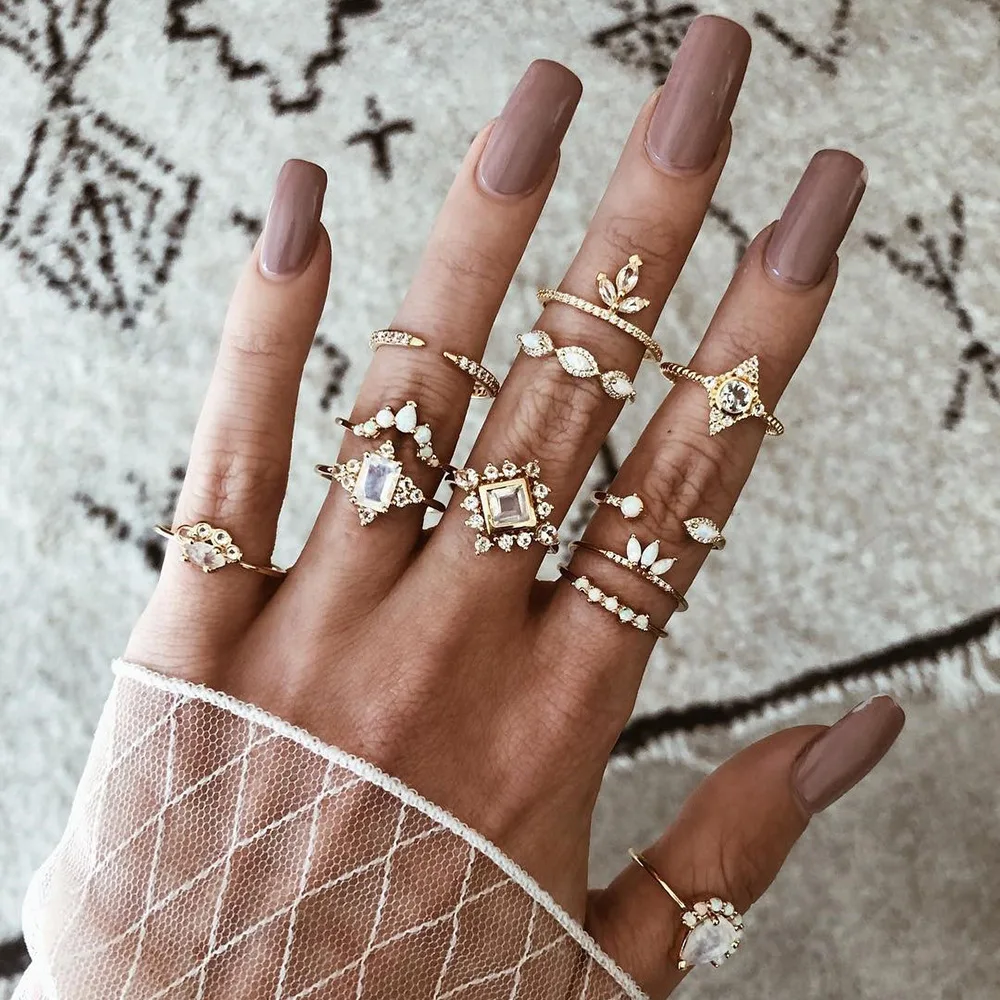 

2021 hot-sale new arrivals vintage trendy water drop set diamond ring resizable 12 pcs gold color wedding knuckle ring jewelry