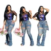 B61451A European and American fashion personality wash high-waisted flared jeans for women