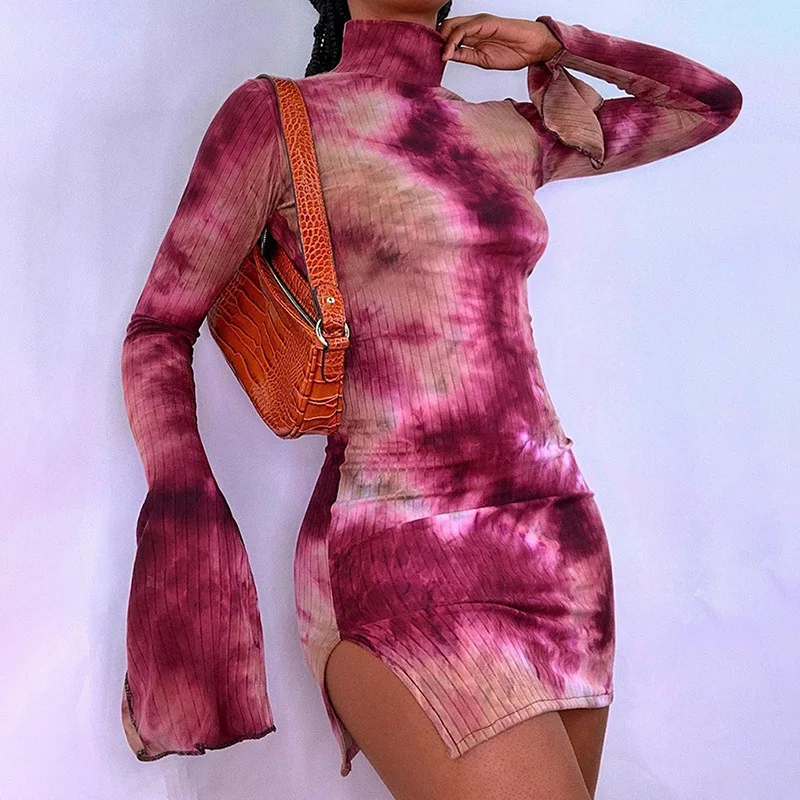 FS2382D women fashion flared sleeve sexy high split print dress