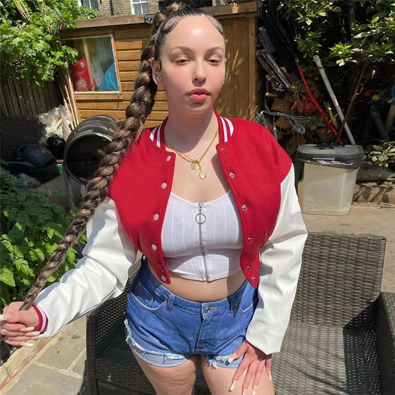 Autumn 2021 women's single breasted slim fit jacket Pu Patchwork long sleeve Baseball Jacket, Red,gray,green,brown,black,blue
Autumn 2021 women's single breasted slim fit jacket Pu Patchwork long sleeve Baseball Jacket, Red,gray,green,brown,black,blue