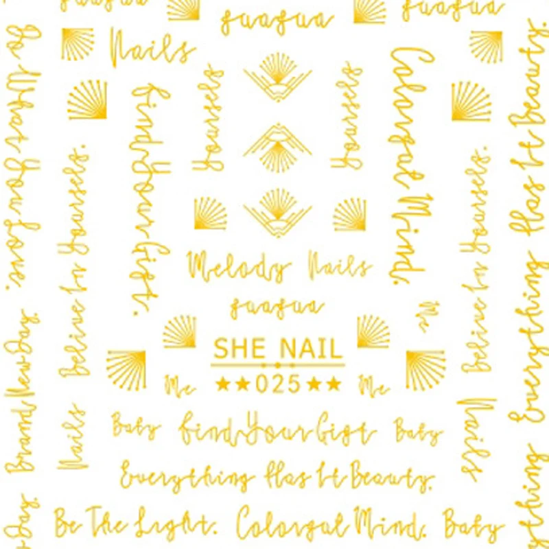 SHE025-SHE036 wholesale 3D Gold Silver Alphabet Nail Art Decals Hand Writing Letter Decoration Applique Nail Stickers
SHE025-SHE036 wholesale 3D Gold Silver Alphabet Nail Art Decals Hand Writing Letter Decoration Applique Nail Stickers