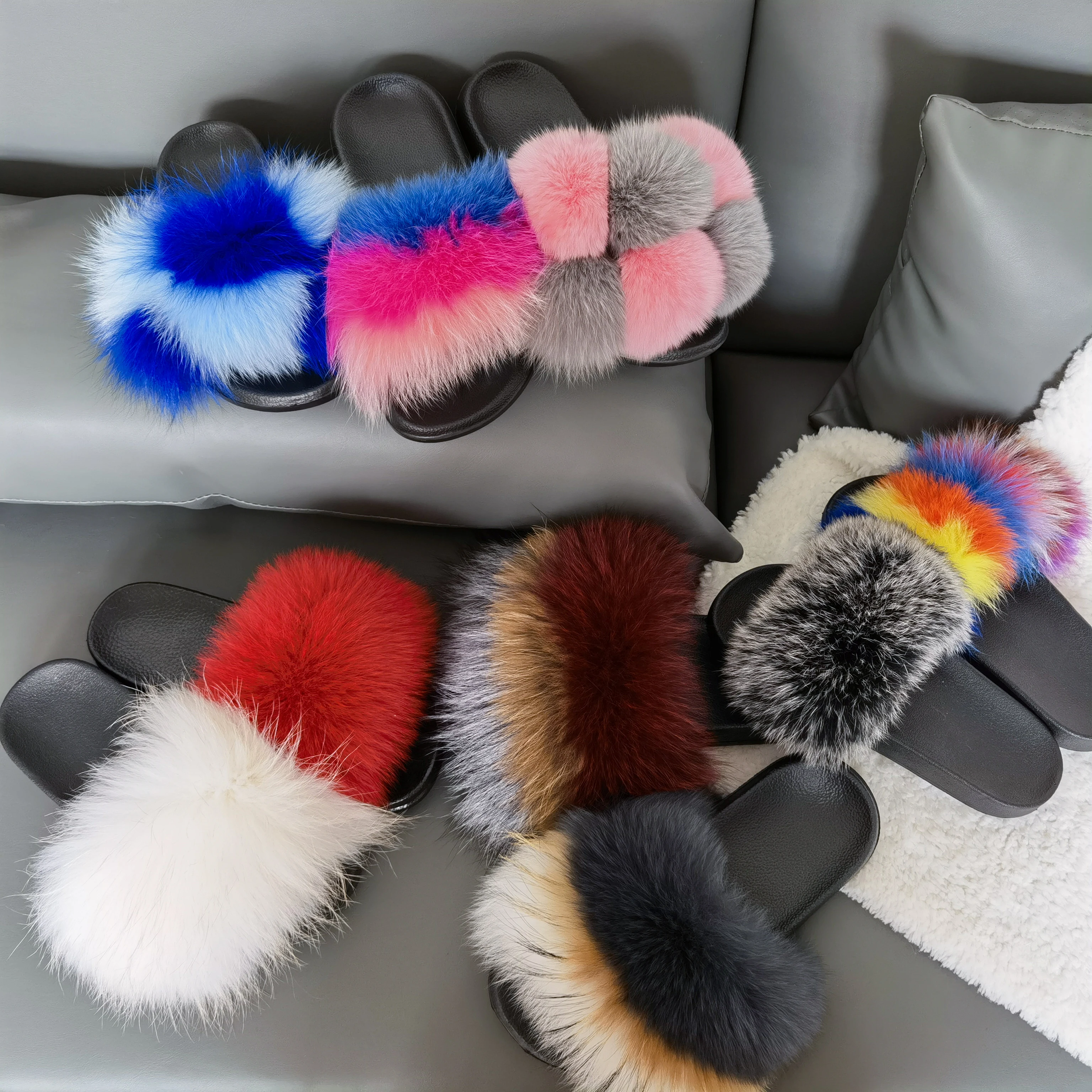 Custom Logo Fashon Soft Indoor Flat Shoes for Women, Ladies Home Fox Fur Slippers, Can be customized 
Custom Logo Fashon Soft Indoor Flat Shoes for Women, Ladies Home Fox Fur Slippers, Can be customized