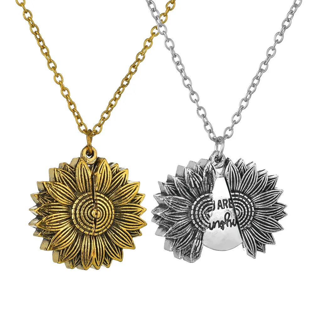 Hot Sale Retro Alloy You Are My Sunshine Sunflower Pendant Necklace for Women Round Open Wedding Jewelry Letter Necklace 2020, Golden
Hot Sale Retro Alloy You Are My Sunshine Sunflower Pendant Necklace for Women Round Open Wedding Jewelry Letter Necklace 2020, Golden