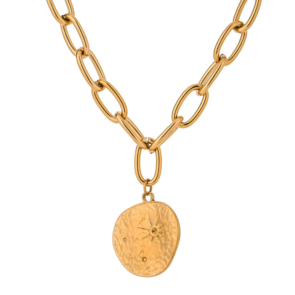 JINYOU 1408 Statement Gold 18K PVD Plated Waterproof Thick Chain Jewelry Stainless Steel Big Round Pendant Star Necklace
JINYOU 1408 Statement Gold 18K PVD Plated Waterproof Thick Chain Jewelry Stainless Steel Big Round Pendant Star Necklace