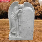 Graveyard White Stone and Red Marble Sitting Angel Wing Headstone