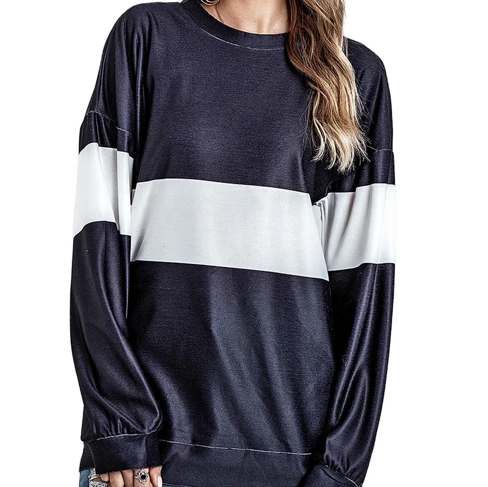 Wholesale casual hot sale long sleeve o-neck splicing striped solid pullover sweatshirt top stylish loose for ladies, As picture
Wholesale casual hot sale long sleeve o-neck splicing striped solid pullover sweatshirt top stylish loose for ladies, As picture