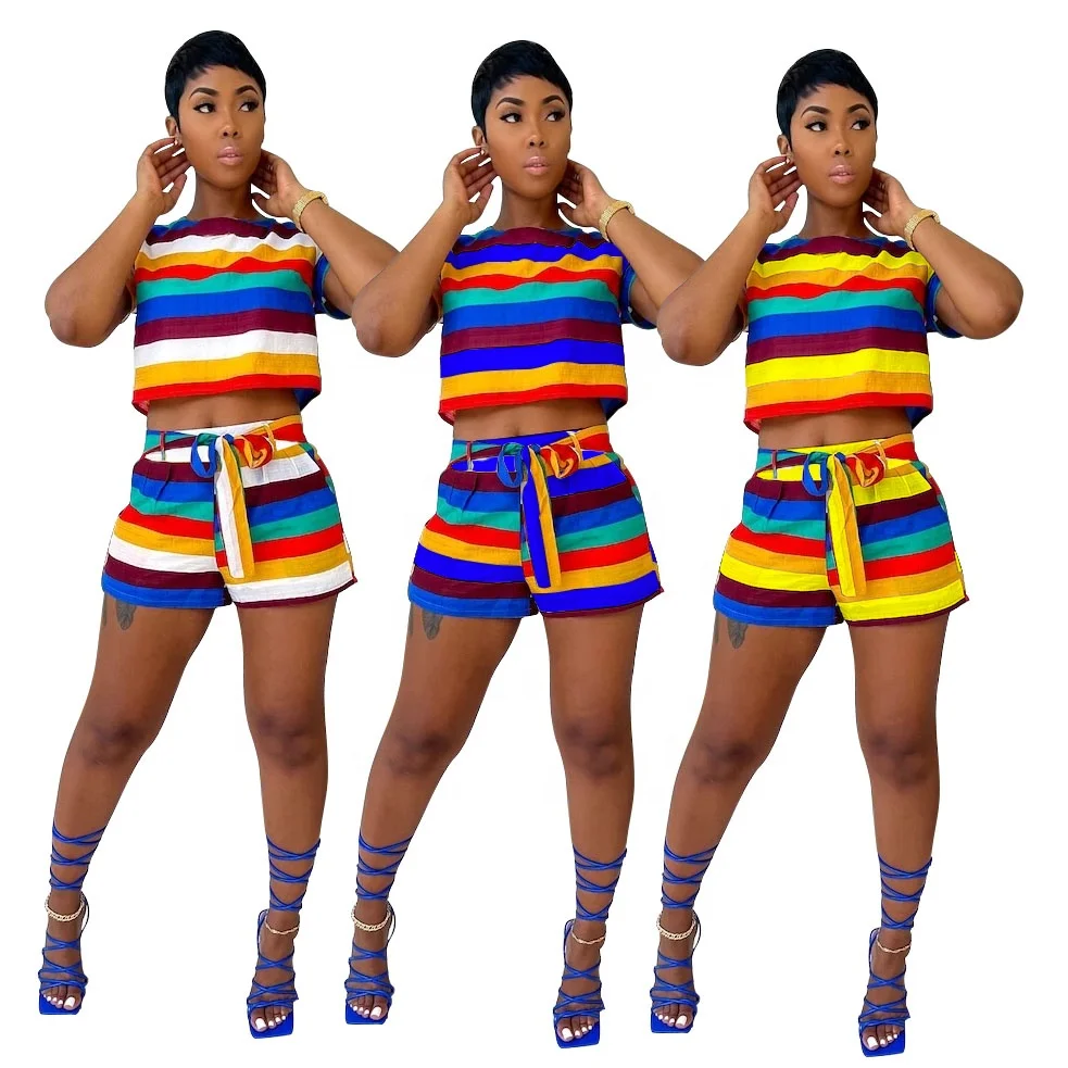2021 Fashion Clothes For Summer Rainbow Striped Suit Shorts Casual Women Two Piece Sets
2021 Fashion Clothes For Summer Rainbow Striped Suit Shorts Casual Women Two Piece Sets