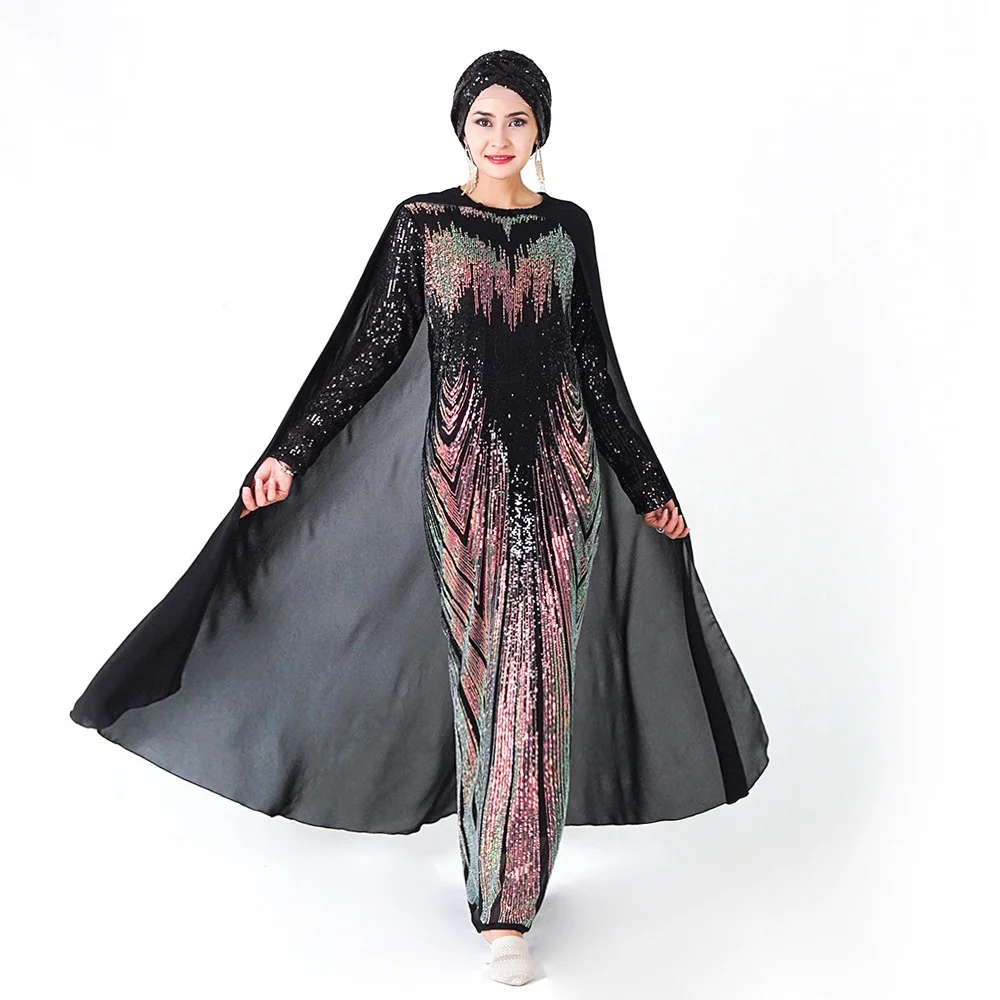 High brightness cloak style sequin embroidery black long sleeve muslim evening dress, Customers' requirements
High brightness cloak style sequin embroidery black long sleeve muslim evening dress, Customers' requirements