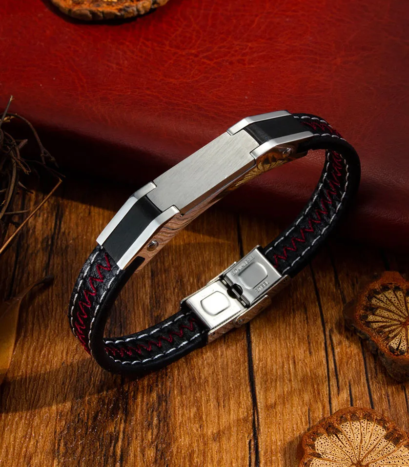 New Fashion High Quality Adjustable Stainless Steel Clasp red Thread Genuine Leather cuff Bracelet Men Wholesale Custom Logo
New Fashion High Quality Adjustable Stainless Steel Clasp red Thread Genuine Leather cuff Bracelet Men Wholesale Custom Logo