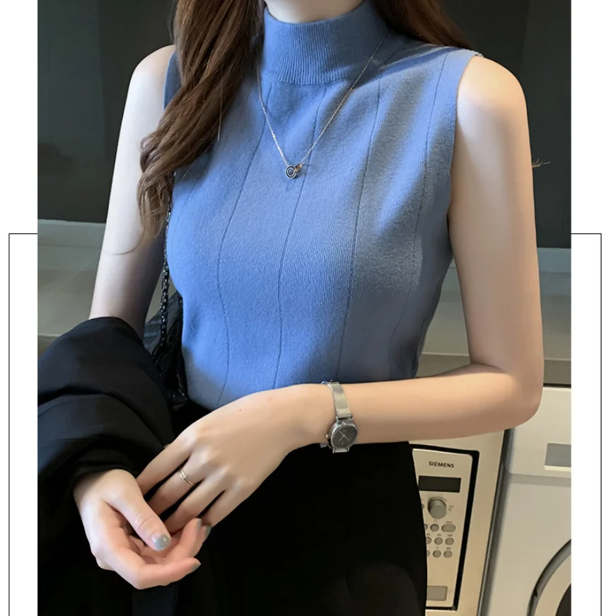 Korean Summer Women Tops New Casual Clothes Sleeveless Solid Women Blouse Knit Elastic Fashion Ladies Tops Slim high collar
Korean Summer Women Tops New Casual Clothes Sleeveless Solid Women Blouse Knit Elastic Fashion Ladies Tops Slim high collar