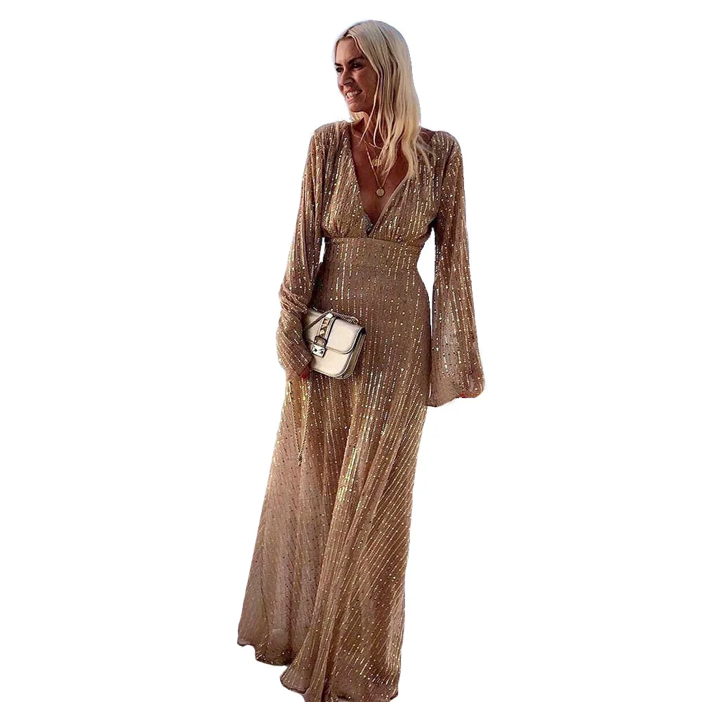Women's wear sexy deep V-Neck long sleeve dress stitching sequin banquet evening dress
Women's wear sexy deep V-Neck long sleeve dress stitching sequin banquet evening dress