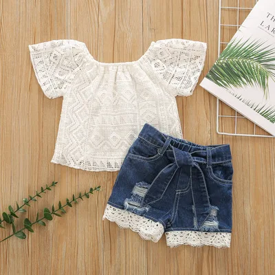 

F40984A summer girl lace embroidered unlined upper garment + ripped jeans short baby girls clothing sets kid clothing set, As picture
