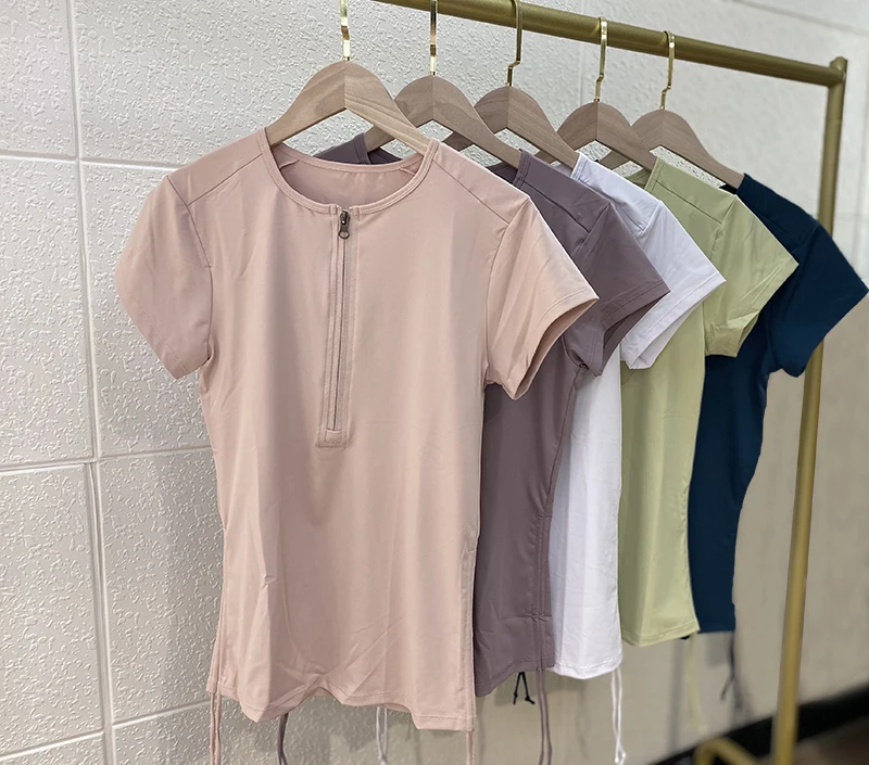 Zippered drawstring sports short sleeve T-shirt yoga top for women, solid color, quick-dry running fitness wear for women
Zippered drawstring sports short sleeve T-shirt yoga top for women, solid color, quick-dry running fitness wear for women