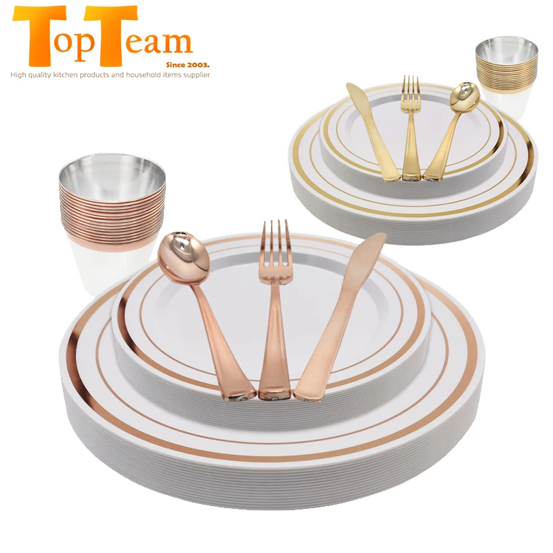 Black rose gold silver coloured custom luxury camping kit disposable plastic tablewares 
Black rose gold silver coloured custom luxury camping kit disposable plastic tablewares