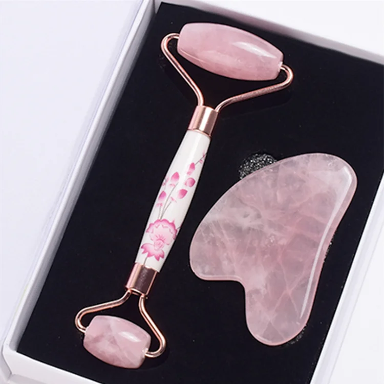 Natural rose quartz jade facial roller set Ceramic rod flower facial massager anti aging slimming face jade roller gua sha set, Pink
Natural rose quartz jade facial roller set Ceramic rod flower facial massager anti aging slimming face jade roller gua sha set, Pink