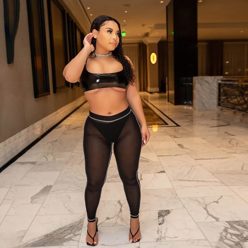 2021 new arrivals summer designs women PU crop top with full length mesh casual pants set
2021 new arrivals summer designs women PU crop top with full length mesh casual pants set