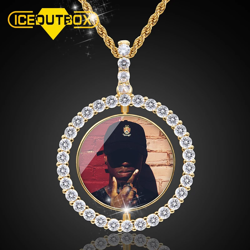 

Two Side Custom Picture Pendant Iced out Custom 18k Gold Plated Spinning Photo Pendant Necklace, Silver gold rose gold
