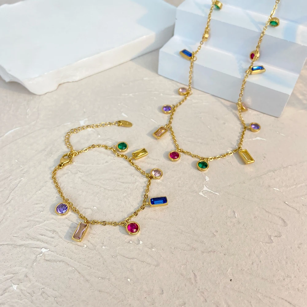 Multi color zircon jewelry set stainless steel gold plated tassel necklace titanium steel bracelet Valentine's Day gift
Multi color zircon jewelry set stainless steel gold plated tassel necklace titanium steel bracelet Valentine's Day gift