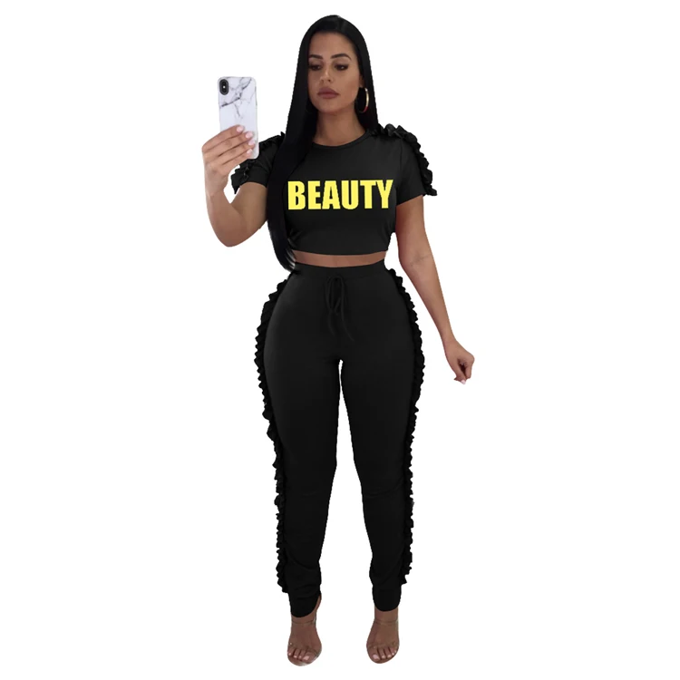 SAQ058 ruffled decoration summer letter print short sleeve crop top and sports pants two piece set women sweat suit