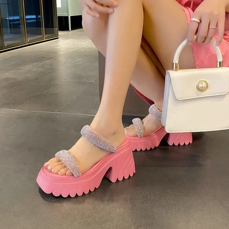 

Fashion Bling Sandals Women Summer Breathable Wedges 10 CM High Heels Ladies Crystal Beach Slippers Chunky Shoes Sandalias Mujer