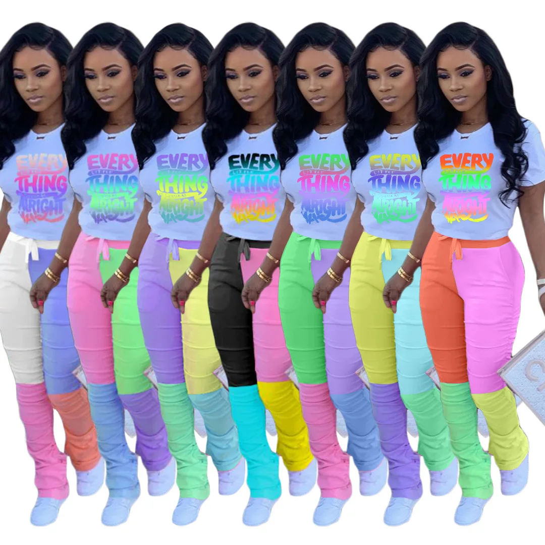 

Womens Boutique Clothing 2020 Trendy Fashion Reflective Letter Tshirts and Contrast Color Spliced Pleated Long Stacked Pants Set, White, yellow, orange, purple, black, fluorescent green, rose red