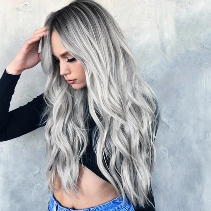 

Long Wavy Synthetic Wig Ombre Platinum Blonde Wigs for Women Natural Curly Heat Resistant Fiber Wigs