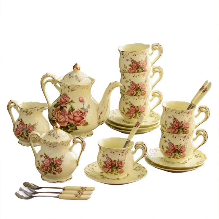 Porcelain European ceramic bone china British water coffee tea ivory rose cup saucer set with milk pot big tray and spoon, Customized
Porcelain European ceramic bone china British water coffee tea ivory rose cup saucer set with milk pot big tray and spoon, Customized