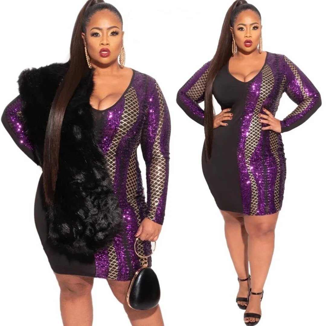 5xl women's Cross-border Plus Size women's V-neck Long Sleeve Sequins Stitching Mini Bodycon Dress
5xl women's Cross-border Plus Size women's V-neck Long Sleeve Sequins Stitching Mini Bodycon Dress