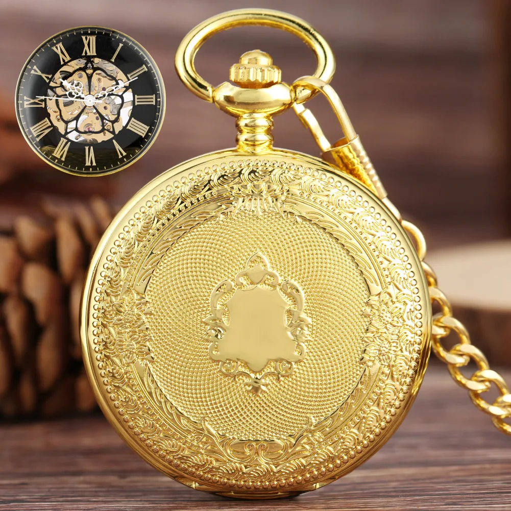 

Luxury Gold Royal Shielded Antique Steampunk Fob Chain Clock Skeleton Mechanical Hand Winding Pocket Watch For Men Women Gift
