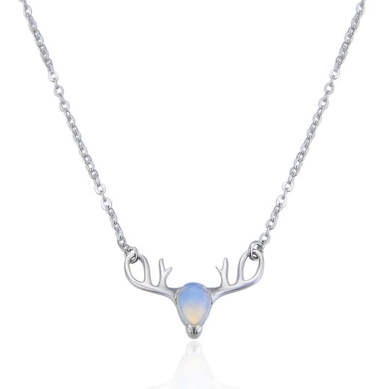 

925 Sterling Silver Statement Necklace Women Jewelry Deer Antler Pendant Stylish Moonstone Necklace