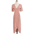 Latest designs trendy V-neck rayon short sleeve casual floral print summer beach women long dress elegant