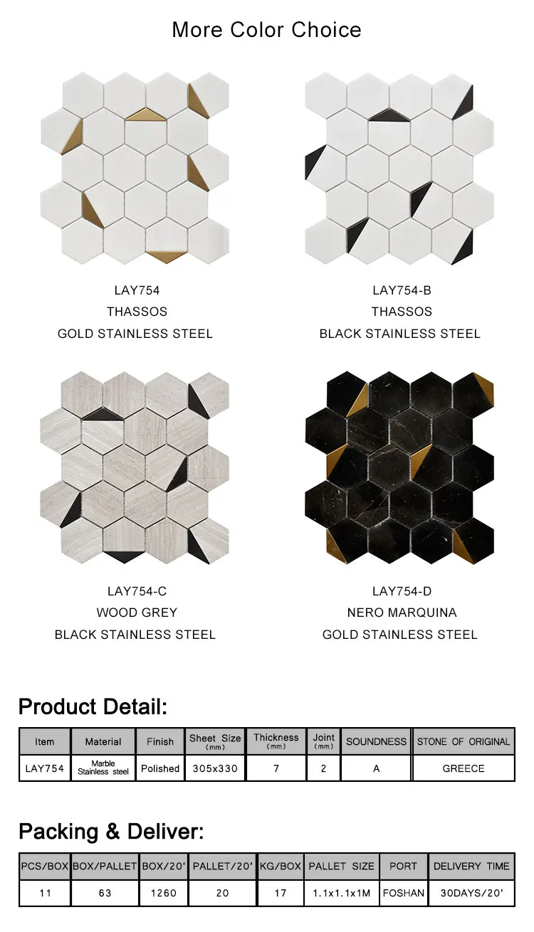 luxury hexagon mosaic bathroom tile kitchen backsplash thassos white stone gold metal copper brass waterjet marble mosaic tile