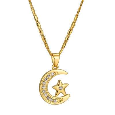 European and American Silver Gold Plated Muslim Moon Star Pendant Necklace Micro Pave Rhinestone Crystal Star Moon Necklace
European and American Silver Gold Plated Muslim Moon Star Pendant Necklace Micro Pave Rhinestone Crystal Star Moon Necklace