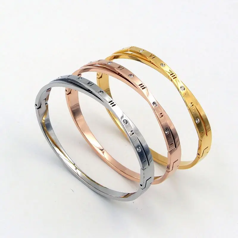Fashion Double Line Cross Roman Numerals with Crystal Stainless Steel Women Bangle Jewelry, Rose gold
Fashion Double Line Cross Roman Numerals with Crystal Stainless Steel Women Bangle Jewelry, Rose gold