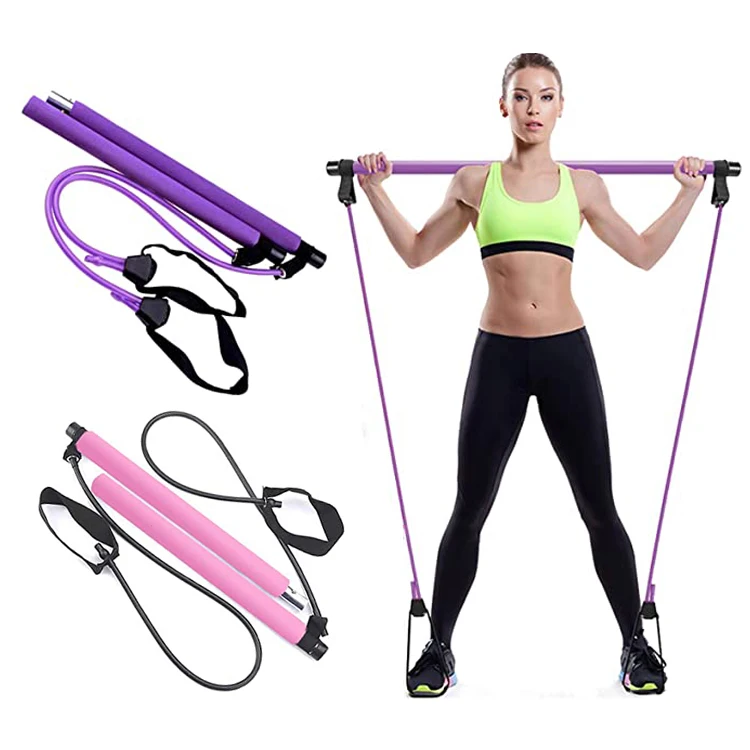 

Portable Pilates Bar Kit with Resistance Band Yoga Pilates Stick, Exercise Toning Bar with Foot Loop, Purple /pink