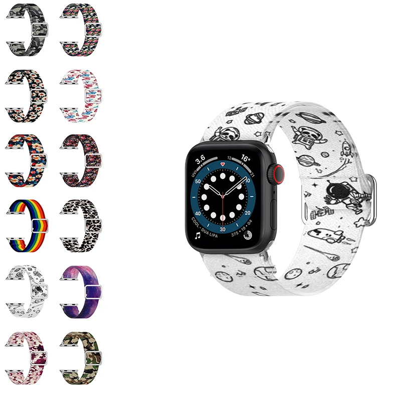 Printed Fabric wristband for iwatch 44 40 for apple watch silicone elastic watchband for apple watch band series 6, Colors
Printed Fabric wristband for iwatch 44 40 for apple watch silicone elastic watchband for apple watch band series 6, Colors
