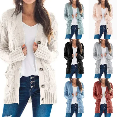 Factory Casual Solid Color Sweater Women's Long Sleeve Cable Knit Sweater Open Front Cardigan Sweater Coat Button Loose 
Factory Casual Solid Color Sweater Women's Long Sleeve Cable Knit Sweater Open Front Cardigan Sweater Coat Button Loose