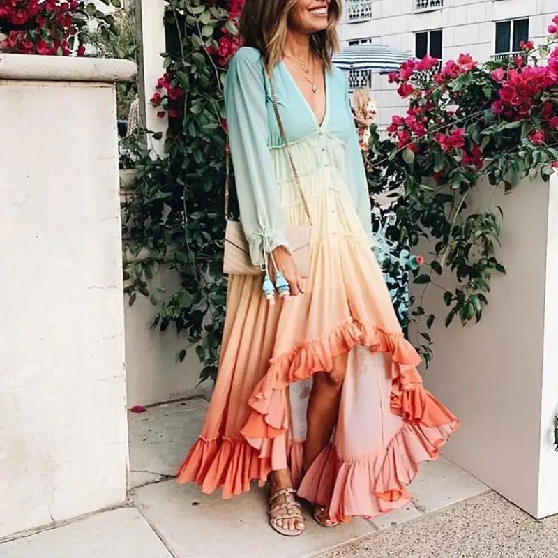 Women Long Sleeve Gradient Dress Bohemian Tropical Maxi Dress Beach Dresses, Picture
Women Long Sleeve Gradient Dress Bohemian Tropical Maxi Dress Beach Dresses, Picture