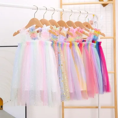 

0-6Y Summer Princess Kids Girls Tutu Dress 7 Colors Sleeveless Tie-Dye Rainbow Lace Sundress