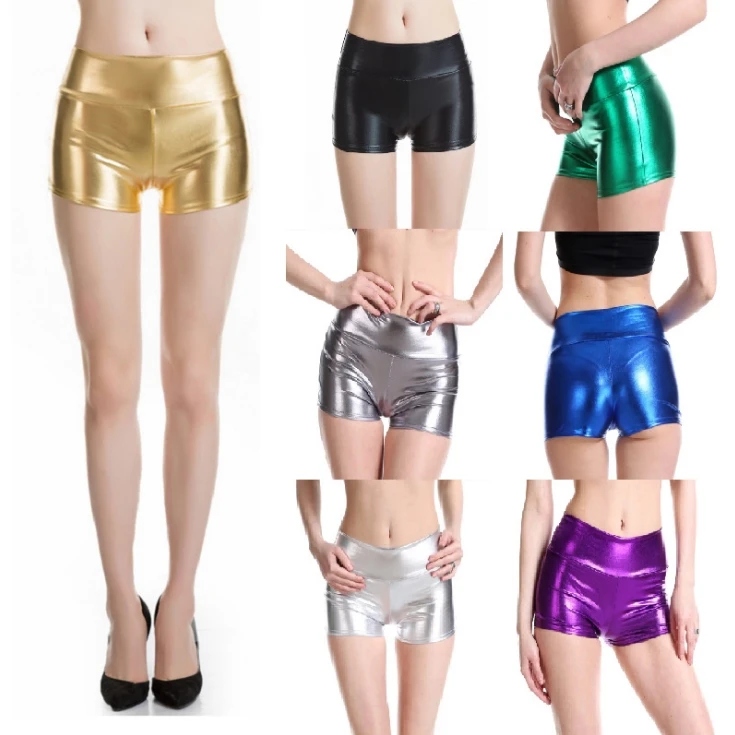

Hot Selling Adult Silver Metallic Shorts Rave Booty Shorts Shiny Dance Woman Sexy Shorts Mid Waist Cheer PU High Waist PU Coated, Picture colors