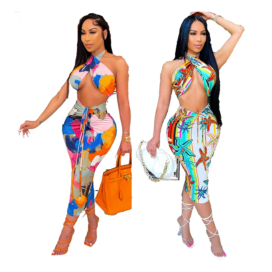 Foma CY1317 summer 2021 women girl clothes colorful printed halter backless top and long pleated skirt 2 two piece set, 2 colors
Foma CY1317 summer 2021 women girl clothes colorful printed halter backless top and long pleated skirt 2 two piece set, 2 colors