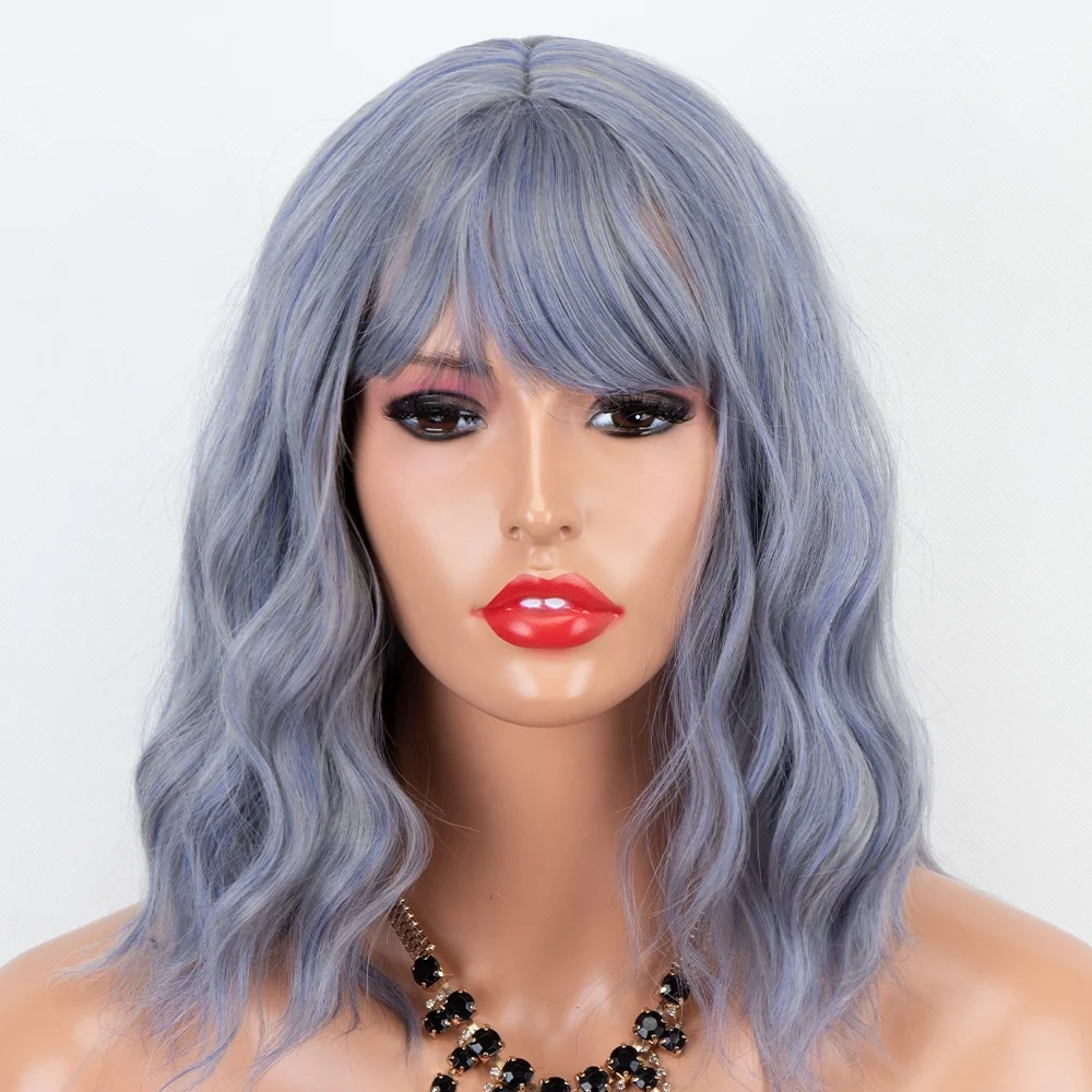 

Aliblisswig Natural Looking Short Wavy Bob Pastel Light Purple Grey Heat OK Fiber Hair None Lace Synthetic Wigs with Full Bang