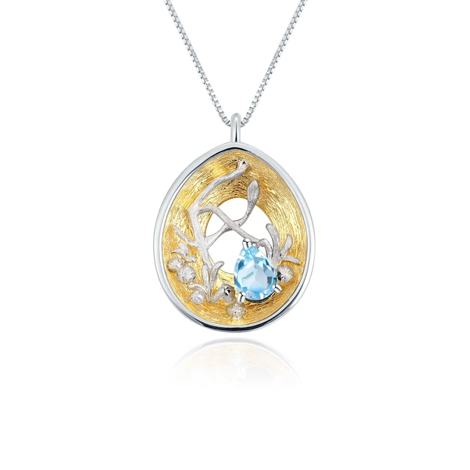 

OEM ODM Latest Design Blue Topaz Gemstone 925 Sterling Silver Necklace Rhodium Plated Flower and Tree pendant Necklace