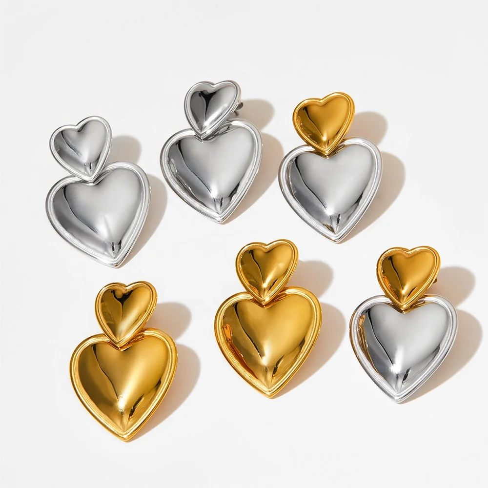 High Quality Smooth Double Heart Shaped Statement Earrings Gold Plated Stainless Steel Dangle Drop Stud Earrings
High Quality Smooth Double Heart Shaped Statement Earrings Gold Plated Stainless Steel Dangle Drop Stud Earrings