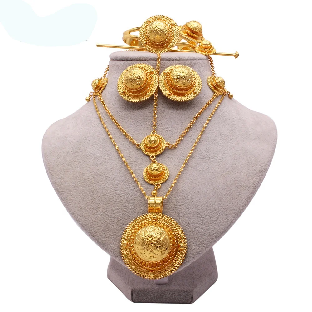 24K Gold Plated Ethiopian 6 Pcs Jewelry Sets Round Pendant Necklace Bangle Earring Ring Jewelry Gifts for Women Girls HWT83
24K Gold Plated Ethiopian 6 Pcs Jewelry Sets Round Pendant Necklace Bangle Earring Ring Jewelry Gifts for Women Girls HWT83