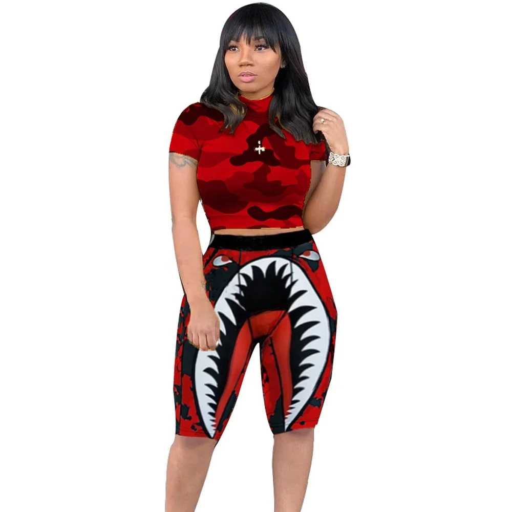 Women Two Set 2021 Summer Fashion Short Sleeve Crop Tops and Bodycon Shorts Camo Graffiti Printed 2 Piece Outfits
Women Two Set 2021 Summer Fashion Short Sleeve Crop Tops and Bodycon Shorts Camo Graffiti Printed 2 Piece Outfits