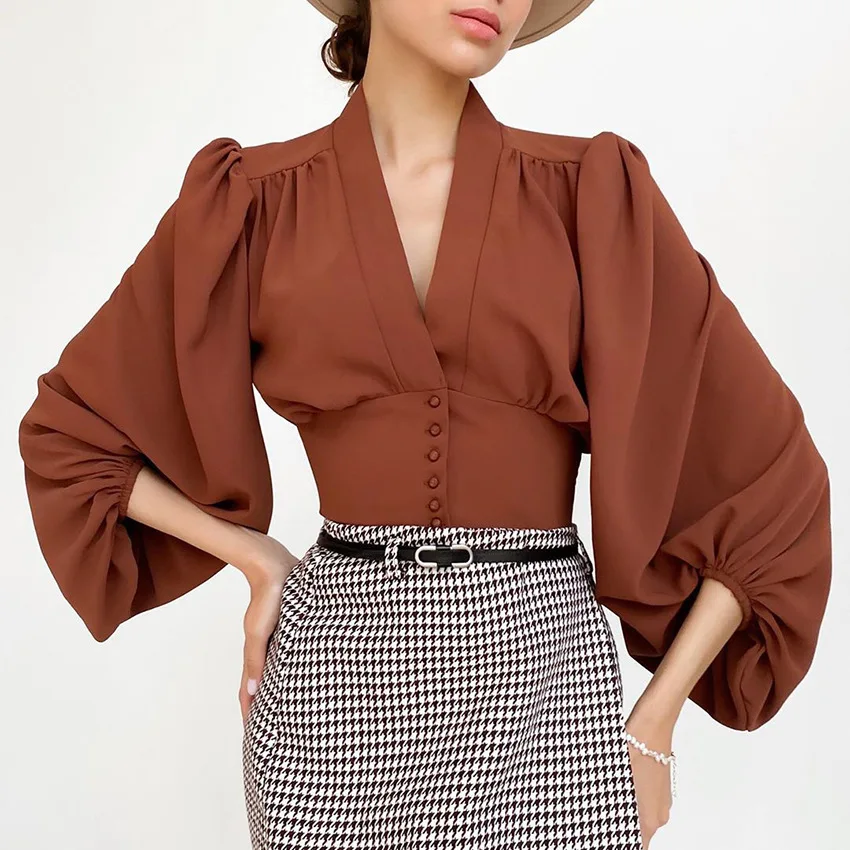 Wholesale 2021 Spring and Summer New V-neck Solid Color European Long Sleeve Temperament Women's Shirts, Customized color
Wholesale 2021 Spring and Summer New V-neck Solid Color European Long Sleeve Temperament Women's Shirts, Customized color
