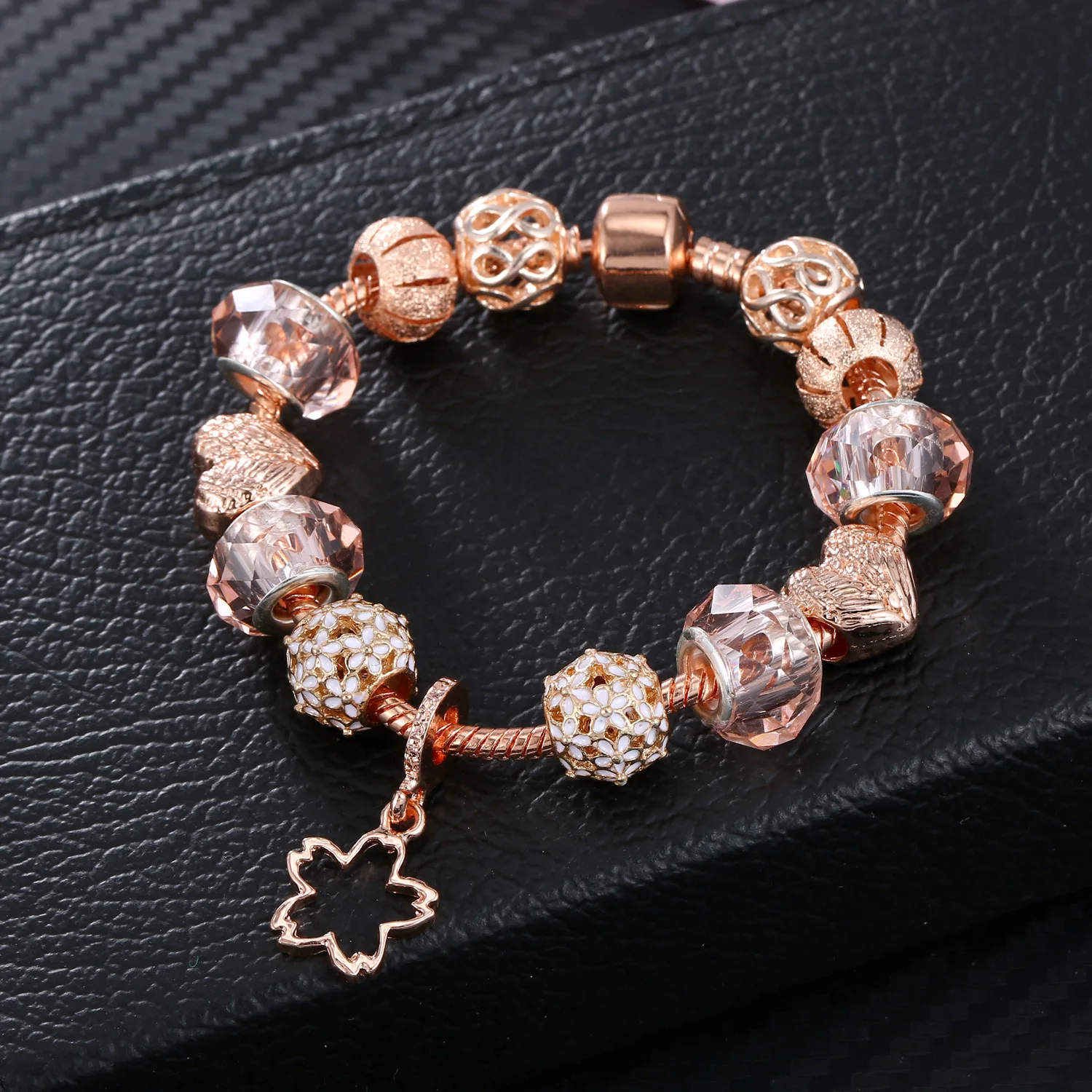 DIY Wholesale European Rose Gold Plating Star Beads Flower Charm Bracelet Pink Glass Beaded Flower Charm Bracelet For Girl
DIY Wholesale European Rose Gold Plating Star Beads Flower Charm Bracelet Pink Glass Beaded Flower Charm Bracelet For Girl