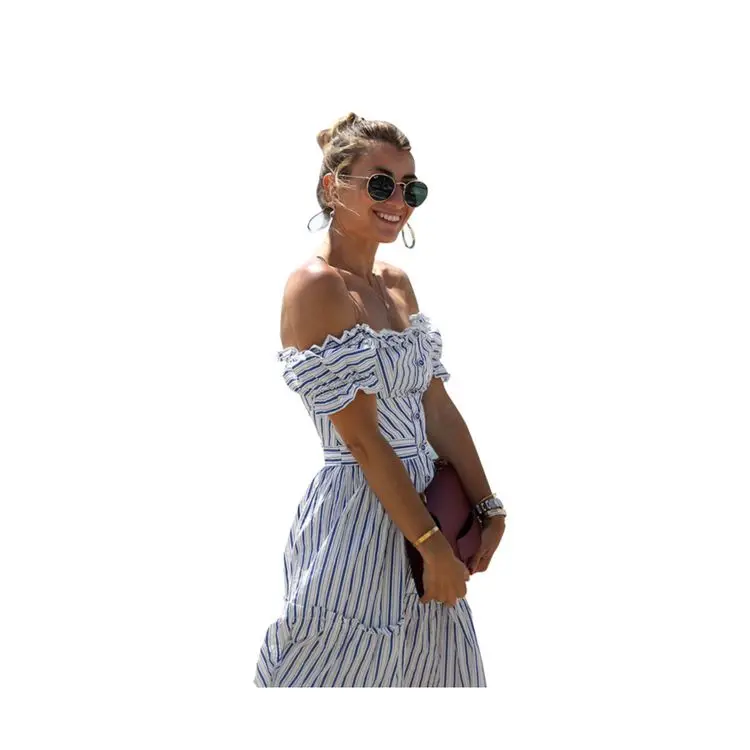 Summer women clothing trend one word collar casual sundress blue white striped dress
Summer women clothing trend one word collar casual sundress blue white striped dress