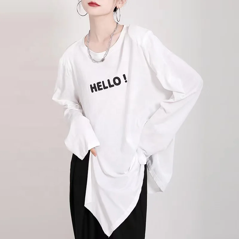 2021 Trend Summer New Shoulder Pads Irregular Split Cotton Casual Letter Printing White T-shirt Long Sleeve T Shirt Women
2021 Trend Summer New Shoulder Pads Irregular Split Cotton Casual Letter Printing White T-shirt Long Sleeve T Shirt Women